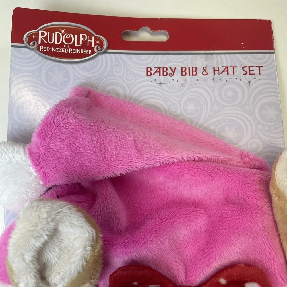 NWTRudolph the Red Nosed Reindeer Clarice Baby Pink First Christmas Hat Bib